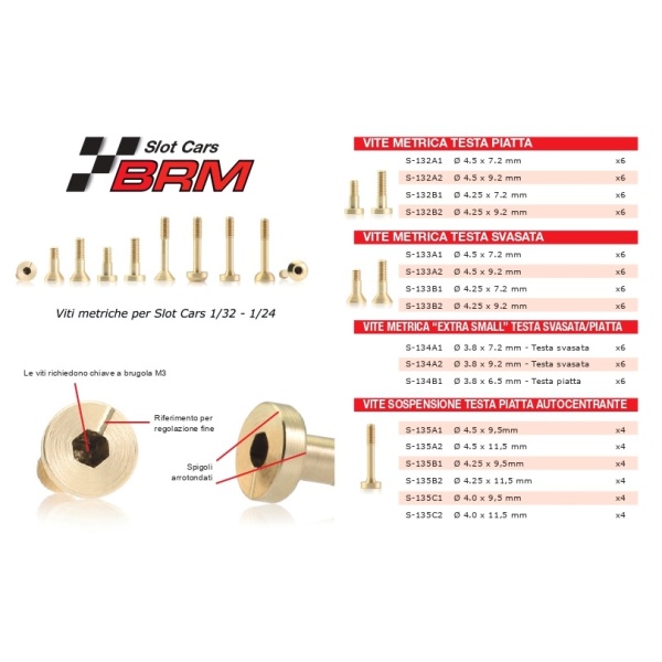 BRM S-132 A1 Viti metriche in ottone testa piatta 4.5×7.2mm SHORT (6x)